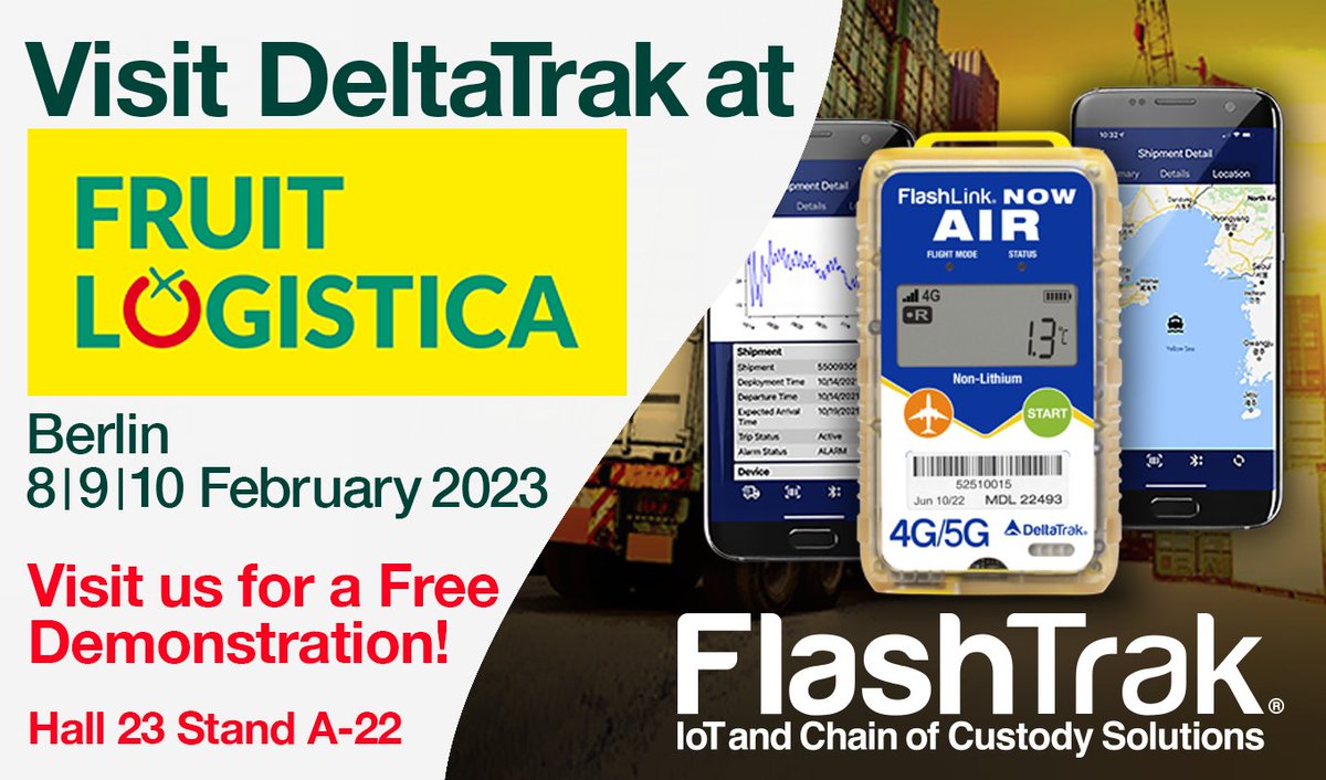 DeltaTrakinc's tweet image. Visit DeltaTrak in Hall 23, Stand A-22 at Asia Fruit Logistica 🍓🥑🍊 in Berlin, February 8-10. Learn about Real-Time Data Logging Solutions, FlashTrak &amp;amp; Chain of Custody. ow.ly/ZTGF50MzrEp #fruitlogistica2023, #datalogger, #traceability, #chainofcustody, #supplychain