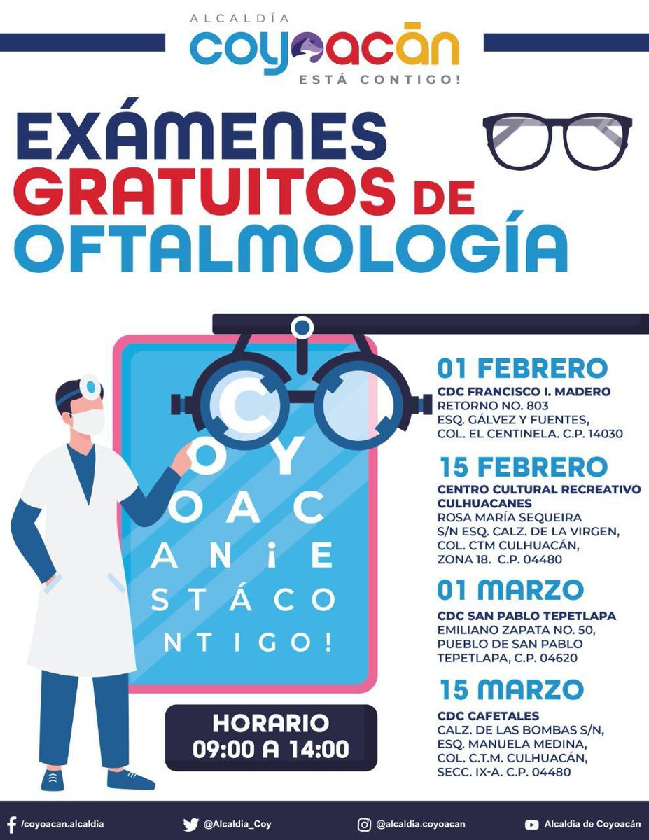 Alcaldia_Coy's tweet photo. La Alcaldía Coyoacán te invita a realizarte exámenes gratuitos de oftalmología.

El horario de atención es de 09:00 a. m. a 02:00 p. m.

👇Checa las fechas y aprovecha esta gran oportunidad.

#ContigoSomosImparables https://t.co/HZKVr8vRBd