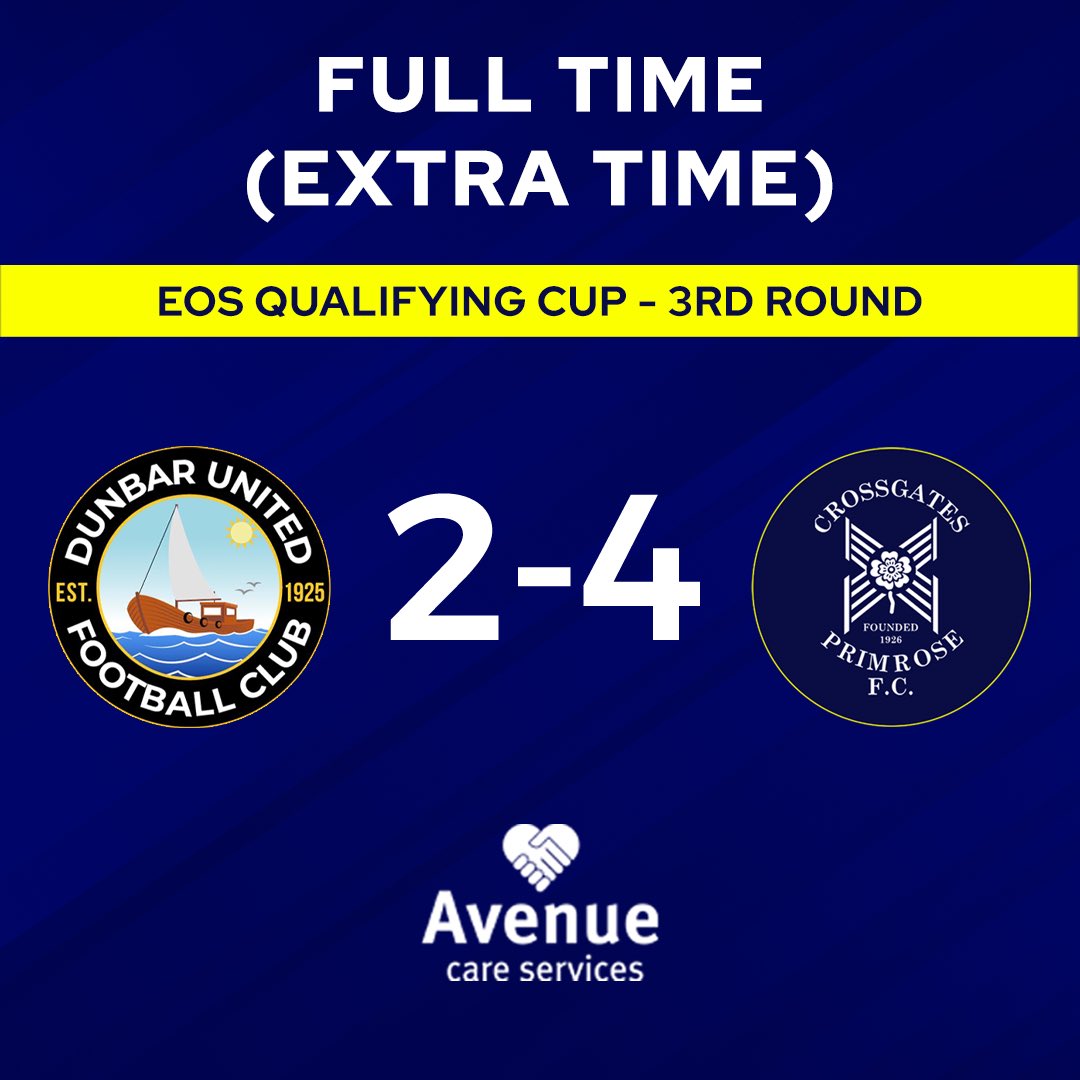 CPFC1926's tweet photo. ⏱ | FULL TIME - EXTRA TIME

Dunbar United [2-4] Crossgates Primrose

It’s all over here in Dunbar and we win it in extra time…so it’s on to the next round we go ✅

Thank you to all travelling fans who made the journey this evening 👏🏻

#EOSFL | #QualifyingCup https://t.co/hrW1YA2Dar