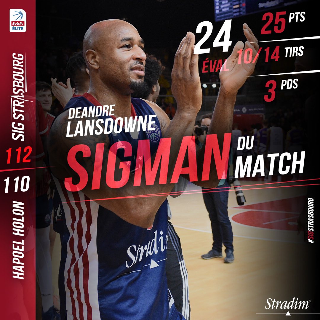 sigstrasbourg's tweet photo. 𝗦𝗜𝗚𝗠𝗔𝗡 𝗗𝗨 𝗠𝗔𝗧𝗖𝗛 🏅
 Indiscutable MVP du match, @djlansdowne8 a donné l’exemple avec ses 24 points, 5 rebonds, 4 passes et surtout 1 contre, LE CONTRE DE LA SAISON pour arracher cette victoire dans l’hystérie collective ! 🤩🔥
 #gosig #SIGHOL https://t.co/rYWobGrLHt