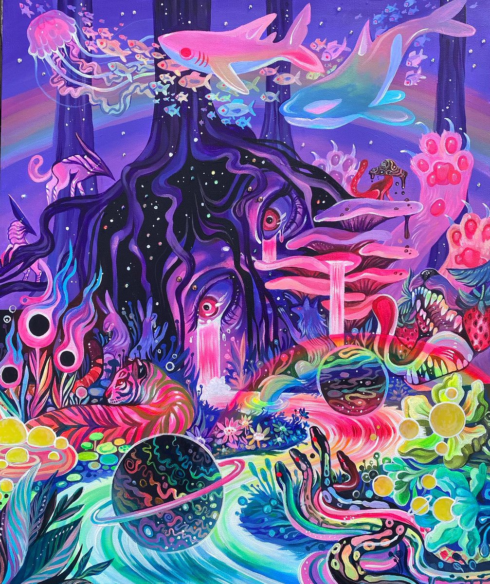 BethAliceArt's tweet photo. Reminiscence 24”x20” Acrylic Painting on stretched canvas, with rhinestones and holographic vinyl. Ive spent hundreds of hours on this and its all been worth it😅💜DM to purchase this original painting 💕🌈✨ https://t.co/pyvbjWxJaY
