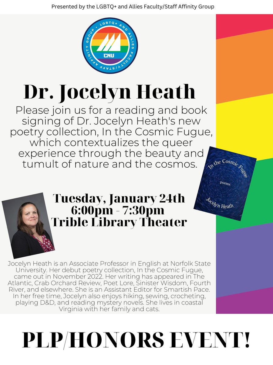 CNUComm's tweet photo. Tonight!

Author Dr. Jocelyn Heath will be here reading some poetry and talking about her book In the Cosmic Fugue! https://t.co/3GjHXkNh0w