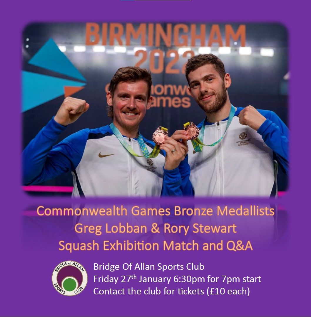 Bridge of Allan Sports Club (@boasportsclub) on Twitter photo Really excited to host <a href="/LobSquash/">Greg Lobban</a> and <a href="/Rorystewart_17/">Rory Stewart</a> at the club on Friday evening for an exhibition match and Q&A.
Only a few tickets remaining ... if you want to join in, contact the club Really excited to host <a href="/LobSquash/">Greg Lobban</a> and <a href="/Rorystewart_17/">Rory Stewart</a> at the club on Friday evening for an exhibition match and Q&A.
Only a few tickets remaining ... if you want to join in, contact the club