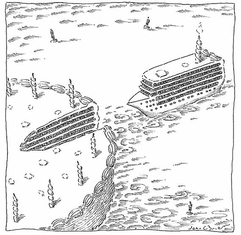 HumorArtsMuseum's tweet photo. John O’Brien started cartooning later in life, in the late 80s. His career was kicked off by interest from the New Yorker. His drawings center on sight gags rather than captioned illustrations.  

#artist #art #cartoon #humor #wellness #humorartsmuseum https://t.co/bCXKmpdP0T