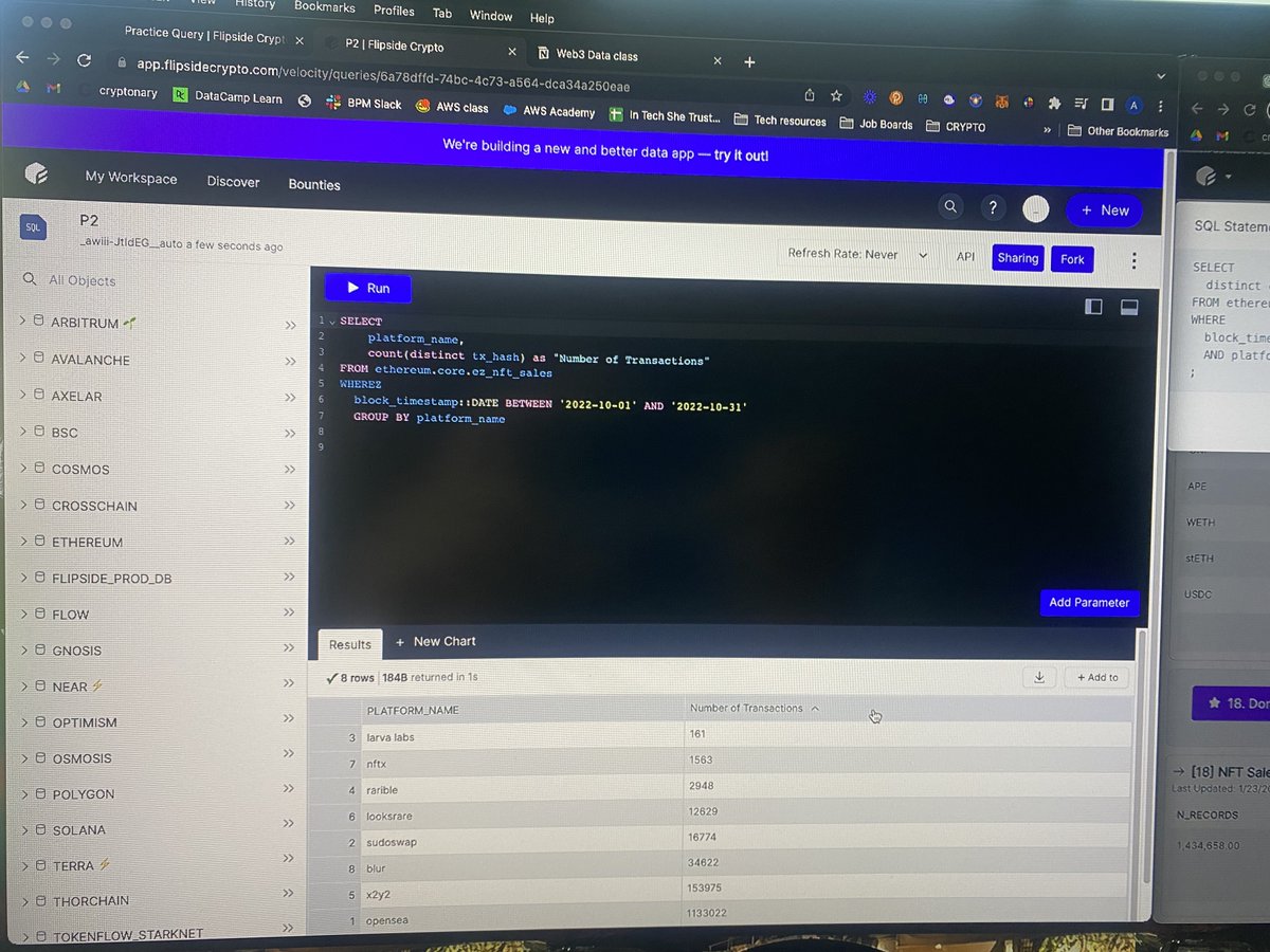A3intech's tweet photo. Day 2 of #100DaysOfCode
SQL
Getting better at learning how to read Blockchain Data using SQL courtesy of @MetricsDAO.
Failed the 2nd quiz and bounced back on the 3rd quiz
#web3 #SQL #blockchain #data #hecodes https://t.co/qfGJEJZWuH