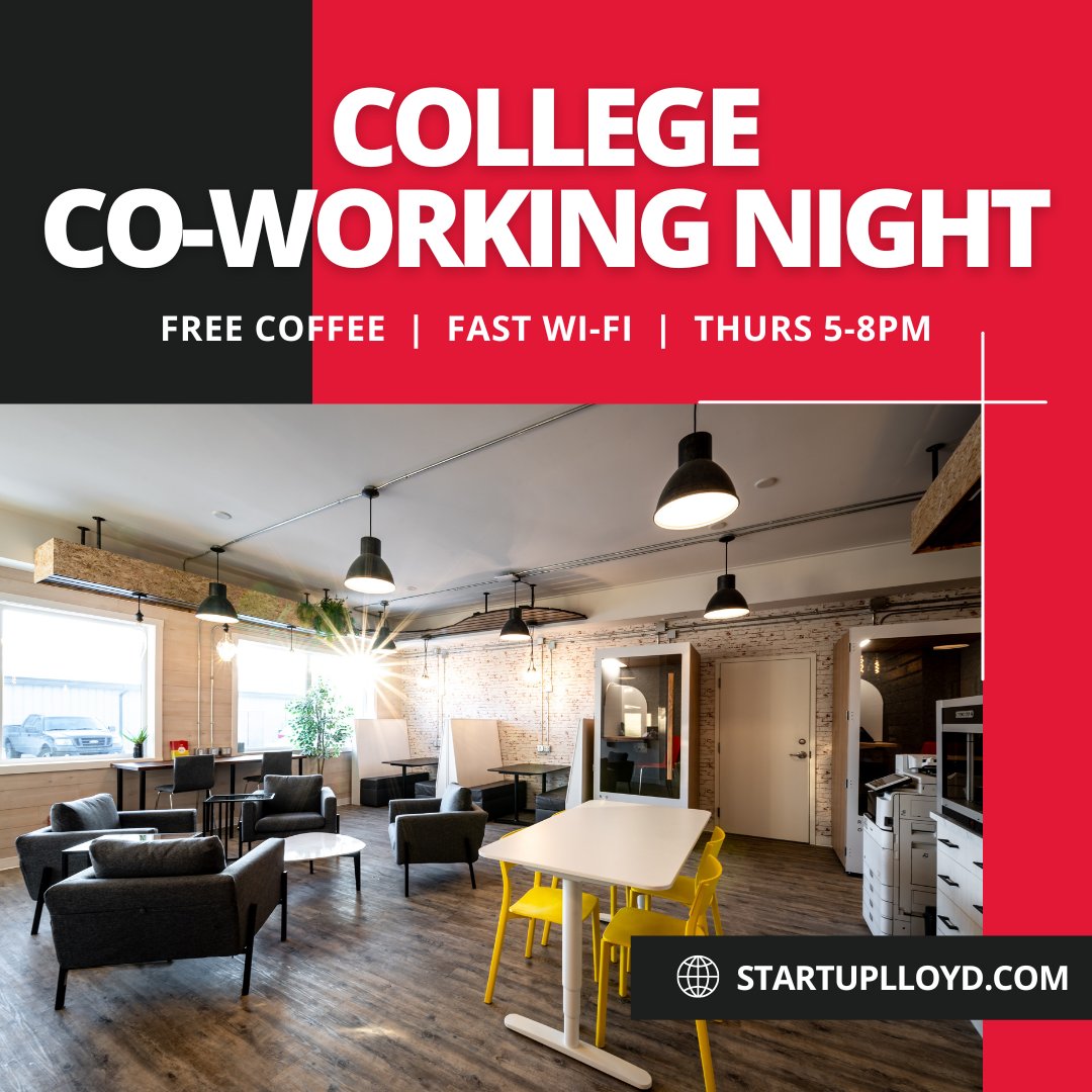 startuplloyd's tweet photo. Switch up the scene and join us every Thursday night at Startup Lloydminster for College Coworking Night.  Bring the gang to discuss your group project, meet up with your study buddy, or cram for that exam in one of our soundproof booths. https://t.co/UtDGPDM3AI