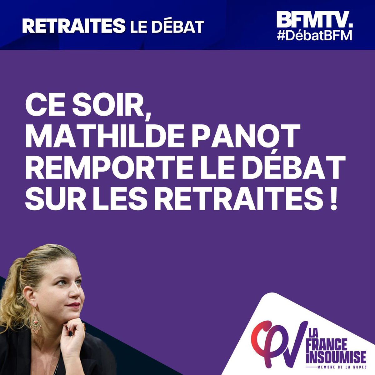Merci @MathildePanot ! Seule sur le plateau à se tenir du côté de la mobilisation du peuple pour sauver nos retraites et défendre le droit au bonheur ✊

#DébatBFM