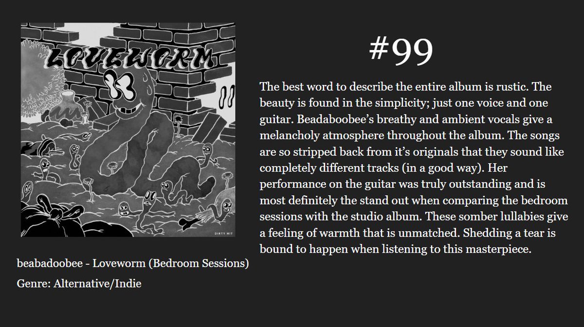 My Top #100 Albums Of All Time
#99
beabadoobee - Loveworm (Bedroom Sessions)