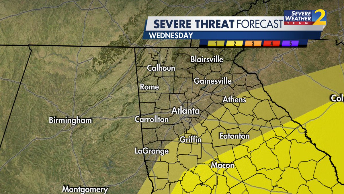 BradNitzWSB's tweet photo. Heavy rain for all of us Wednesday morning, but the severe weather risk is south and east of Atlanta. I'm tracking the storms live on WSB Tonight at 11 pm. https://t.co/07jtIHgFc8