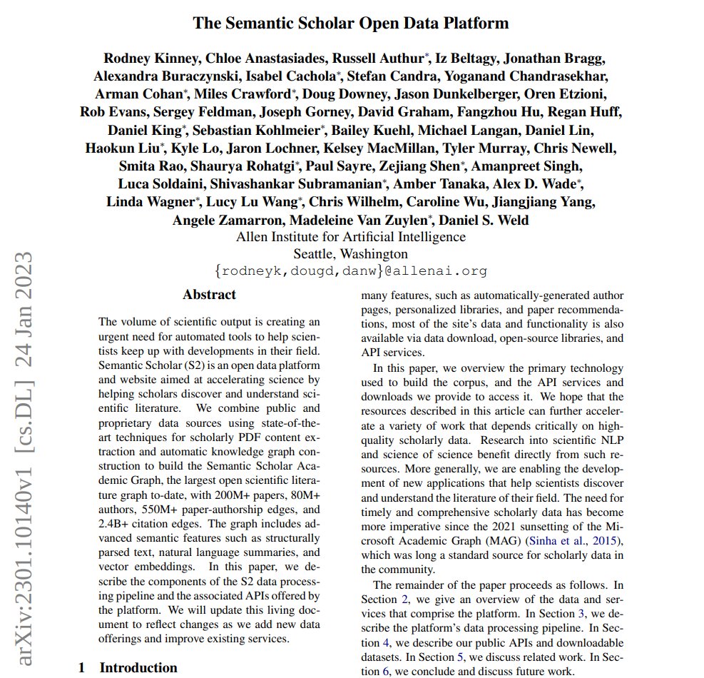 The Semantic Scholar Open Data Platform

Builds the Semantic Scholar Academic Graph, the largest open scientific literature graph to-date, with 200M+ papers, 80M+ authors, 550M+ paper authorship edges, and 2.4B+ citation edges.

arxiv.org/abs/2301.10140