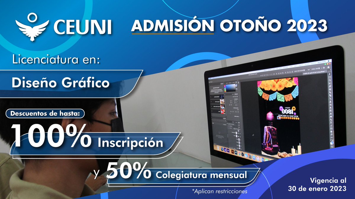 ¿Estás en busca de comenzar tu carrera universitaria? CEUNI te ofrece la Licenciatura en Diseño Gráfico.
Aparta tu lugar con $1,000 y aprovecha las promociones vigentes.
Conoce más sobre la licenciatura en nuestra página web ceuni.edu.mx/index.php/oa/h… 
¡Decide y Transforma!