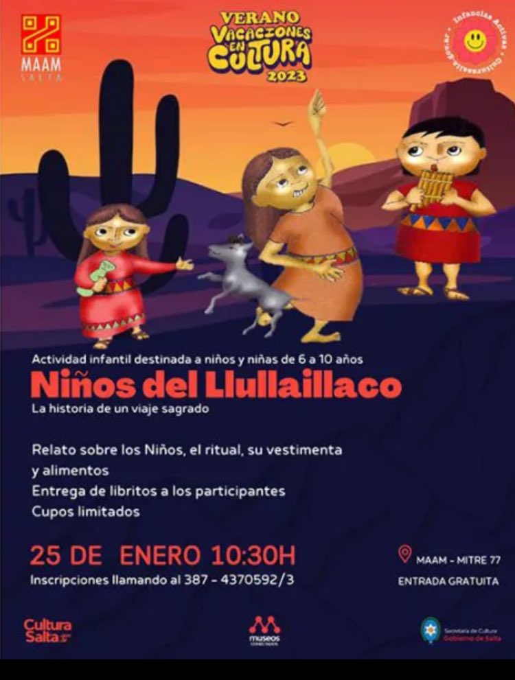 #SALTA “Niños del Llullaillaco. La historia de un viaje sagrado” ➡️El MAAM invita al público infantil a la actividad “Niños del Llullaillaco. La historia de un viaje sagrado” ➡️Esta actividad se llevará a cabo el día miércoles 25 de enero a las 10:30 en Mitre 77.