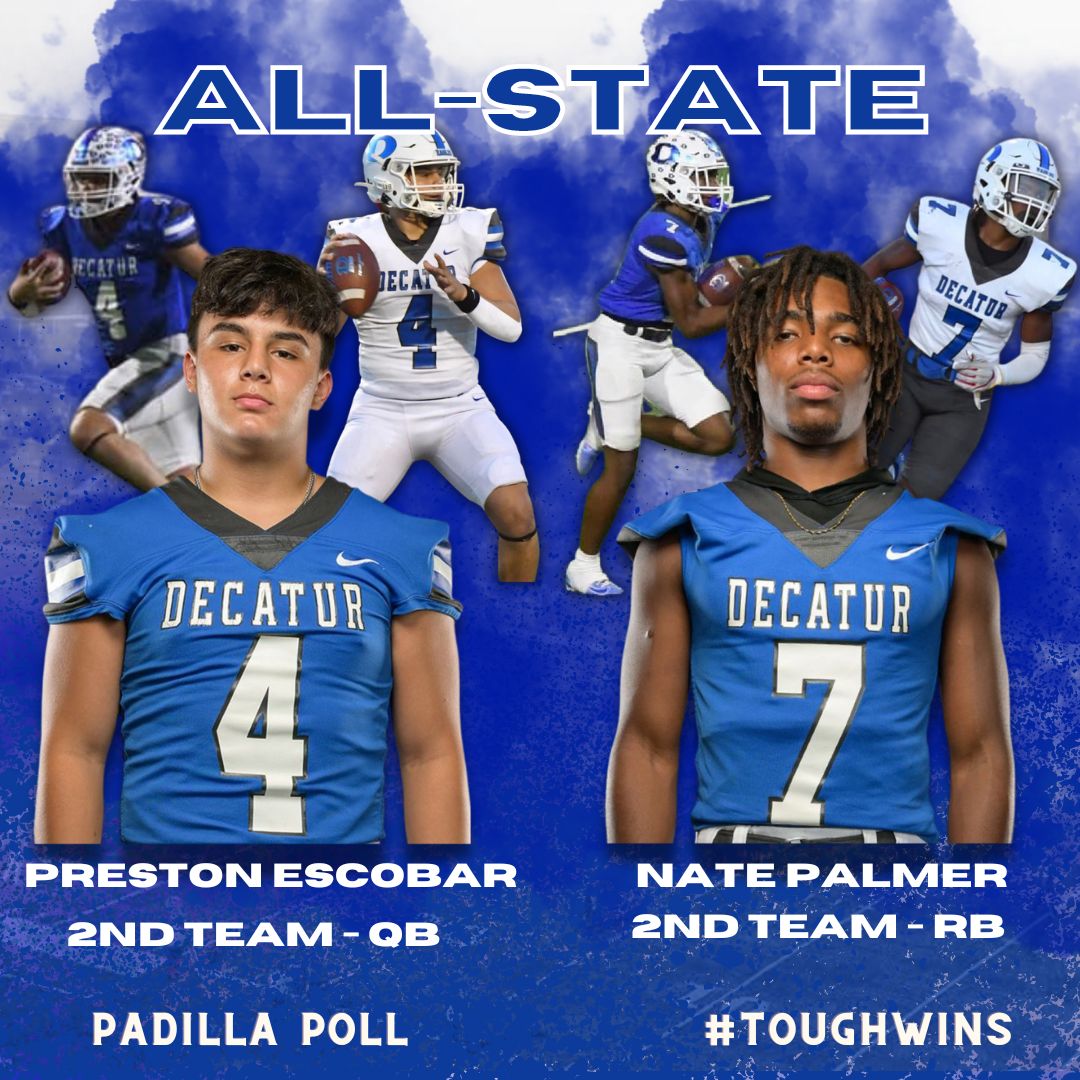 DecaturEaglesFB's tweet photo. Congratulations to @prestonesco4 and @NatePalmer2024 on being named 2nd Team All-State offensive selections on the Padilla Poll 4A-D1 All-State Team https://t.co/Rr8qJPBsd2