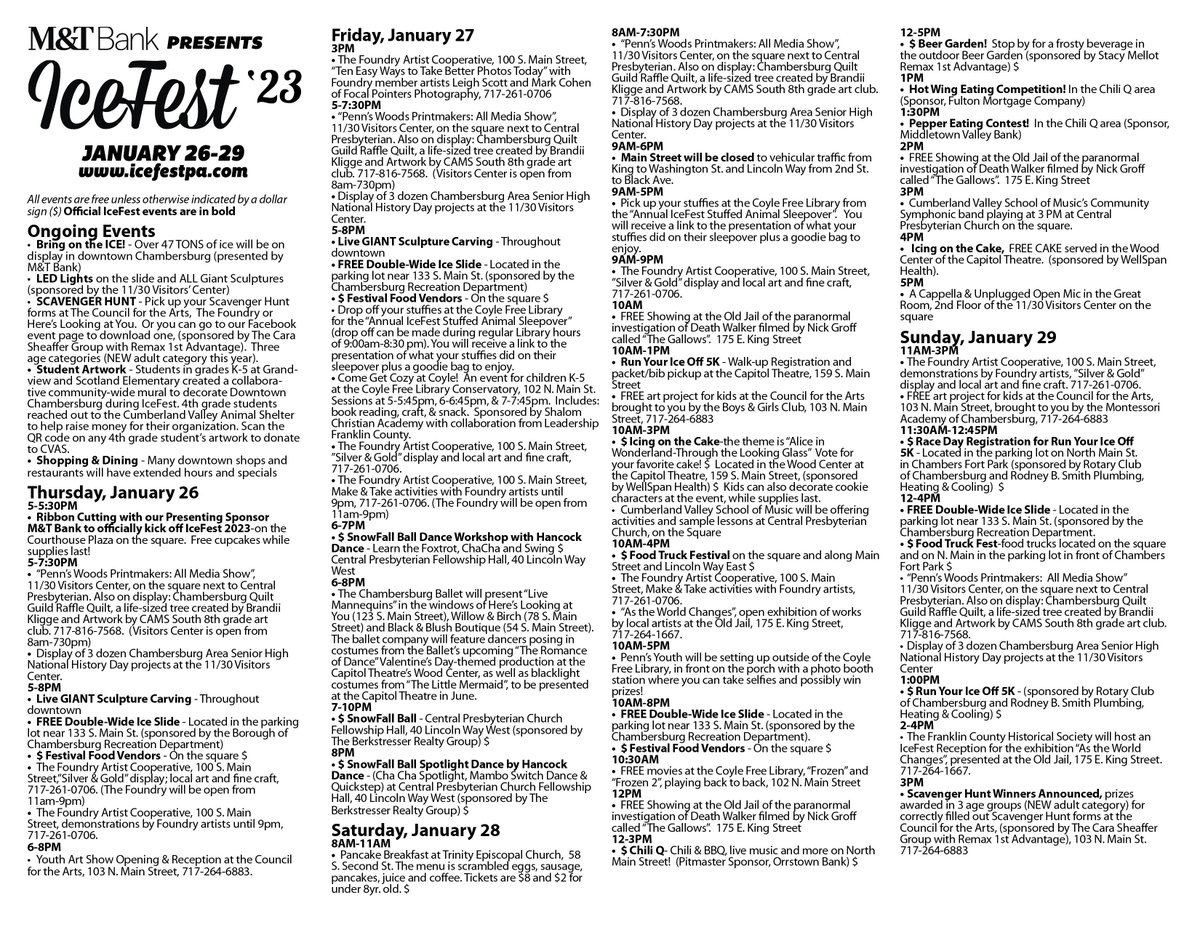 Here is a condensed version of our schedule of events planned for IceFest in Downtown Chambersburg THIS Thursday-Sunday.  See the full schedule at icefestpa.com or on our facebook page:  facebook.com/icefestpa