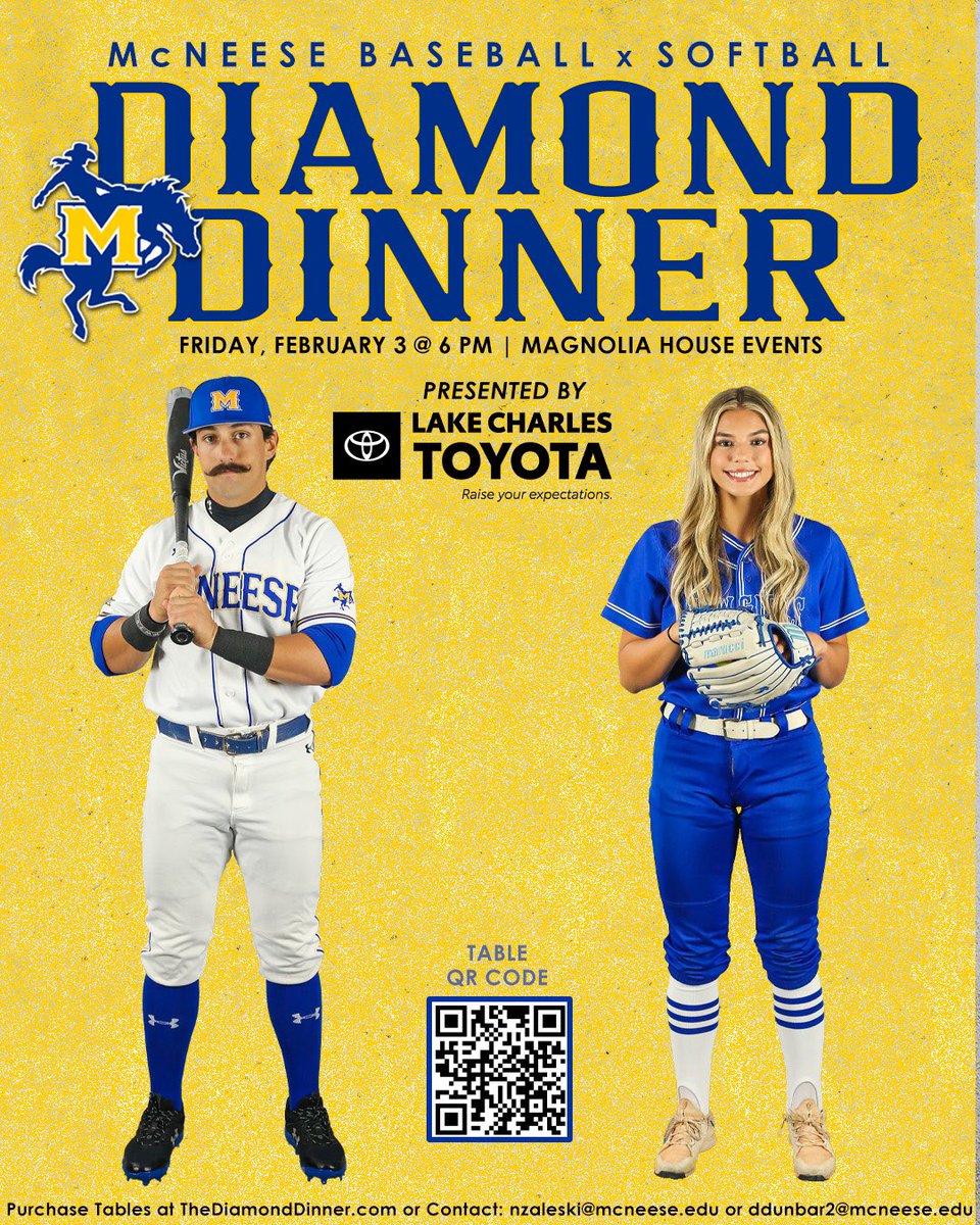 🚨 Registration is still LIVE for our annual Diamond Dinner!

We're looking forward to a great night of food, drinks, socializing and supporting the McNeese Baseball and Softball programs!

🔗 thediamonddinner.com