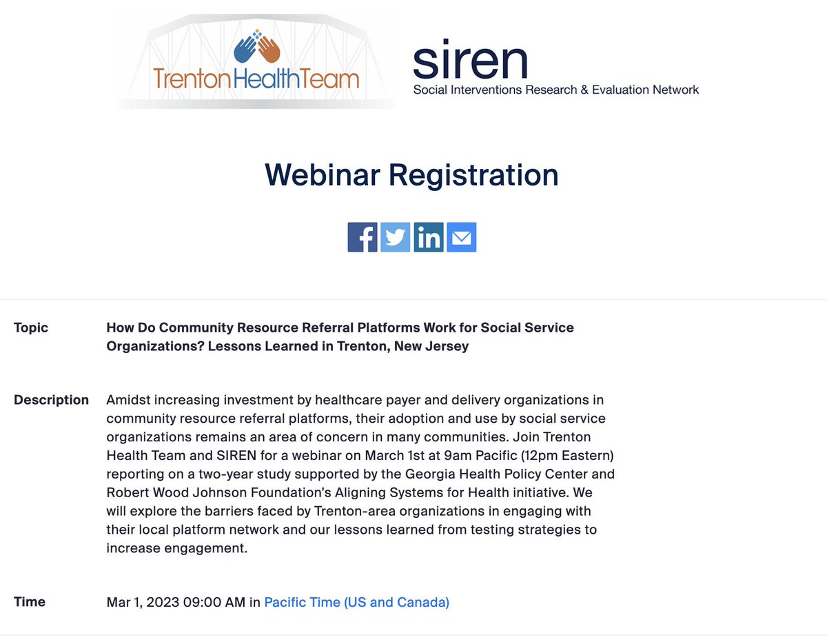 📢UPCOMING WEBINAR
🗓️March 1 @ 9am PT
Co-hosted by @TrentonHealth & SIREN

We will share our lessons learned from a 2-year study exploring Trenton social service organizations’ perspectives on using a community resource referral platform.
Register here ➡️ ucsf.zoom.us/webinar/regist…