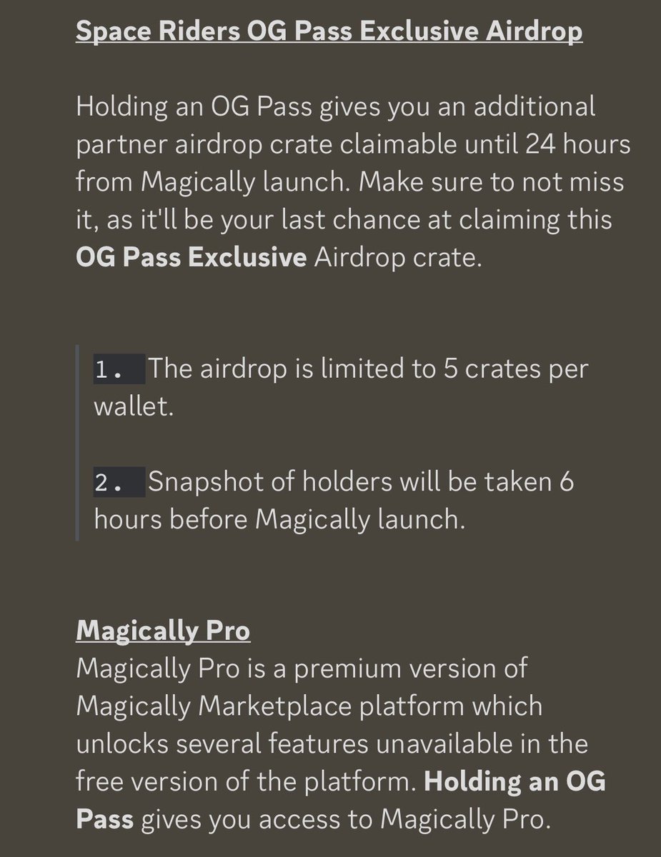 🔥 <a href="/SpaceRiders_NFT/">Space Riders</a> OG Pass x @Magically_gg 🔥Proud official partners of <a href="/AlphaSharksNFT/">AlphaSharksNFT</a> new platform magically 🤝 OG Pass holders will get AIRDROPPED these mysterious crates 👀 #SpaceRiders #RideWithUs #NFTCommunity