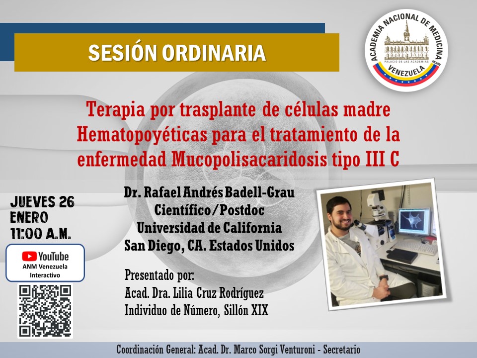 Este Jueves presentare mi investigación en <a href="/CherquiLab/">Cherqui Lab</a> sobre la terapia genética por trasplante de células madre hematopoyéticas para Mucopolisacaridosis en <a href="/acamedve1/">Academia Nacional de Medicina de Venezuela</a>. Es un honor ser invitado a compartir mi investigación ante una audiencia tan prestigiosa en mi país.