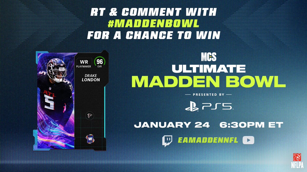RT &amp; Comment with #MaddenBowl for a chance to win a <a href="/EASPORTS_MUT/">Madden Ultimate Team</a> <a href="/DrakeLondon_/">Dråkë</a> 🏈

Include what MCS player you supporting in the comment for a chance to see the tweet on tonight's broadcast 📺

6:30PM ET 👇
Twitch: twitch.tv/eamaddennfl
YouTube: youtube.com/watch?v=0koX3K…