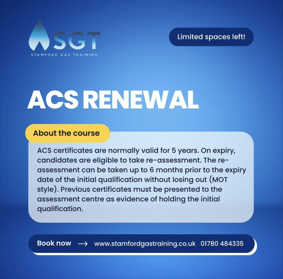 Book onto our ACS Renewal Course - limited places available!

This course can be retaken up to 6 months before expiry. 

To enquire:
💻 stamfordgastraining.co.uk⁠
📞 01780 484335⁠
📧 bookings@stamfordgastraining.co.uk

#gas #plumbing #engineer #training #acs #bpec #stamford