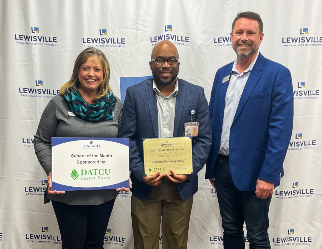 Congrats! Students Kaylin Jones, Brent Pace, teacher Mr. Bitner, and our school were all recognized by the Lewisville Chamber of Commerce! Details: bit.ly/3ZUhh0R. ⭐