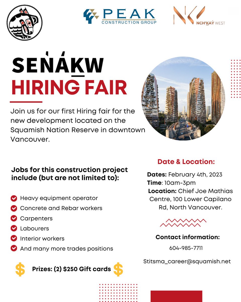 nchkaycorp's tweet photo. We're building the future and we want you to join us. On February 4th, we're hosting our first Sen̓áḵw hiring fair for @SquamishNation members and community members, @musqueam and @tsleilwaututh members, and other Indigenous job-seekers. 1/2 https://t.co/RfCptzq6vO