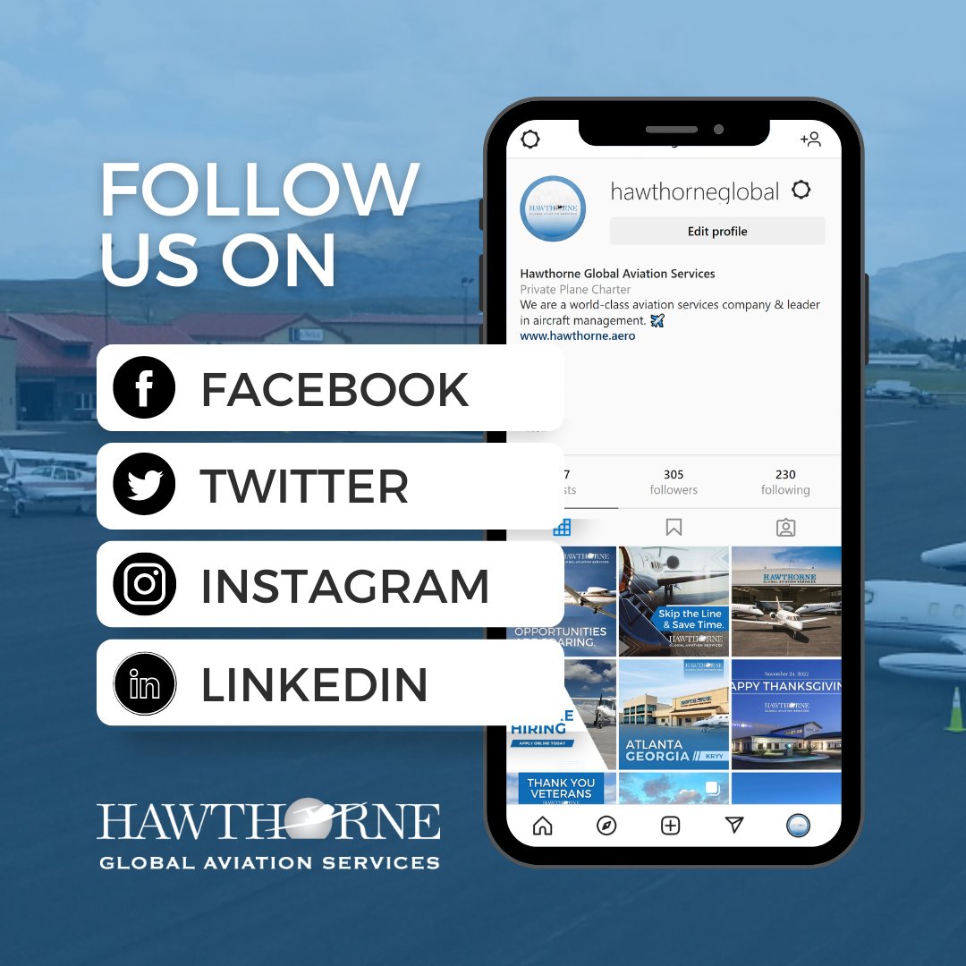 Did you know we are on Facebook, Twitter, Instagram, and LinkedIn? Give us a follow to stay up to date on all things Hawthorne Global Aviation Services!