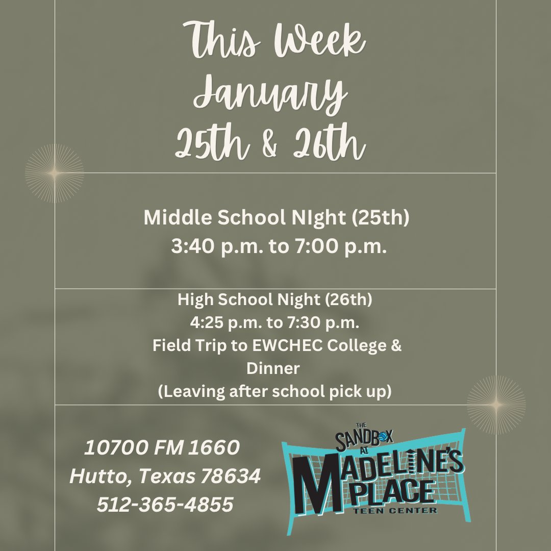 This Week’s Schedule. If your student needs a ride from school, Please text 512-365-4855 to reserve your student a seat in the van.  You are also welcome to drop them off.