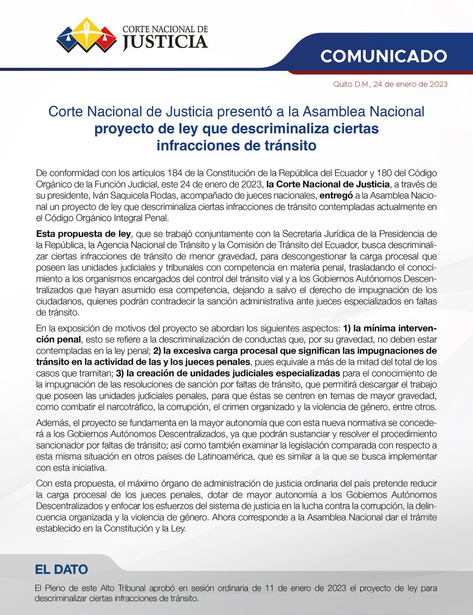 ‼️#URGENTE
<a href="/CorteNacional/">Corte Nacional de Justicia</a> de Justicia presentó a la <a href="/AsambleaEcuador/">Asamblea Nacional</a> proyecto de ley que descriminaliza ciertas infracciones de tránsito contempladas en el COIP.