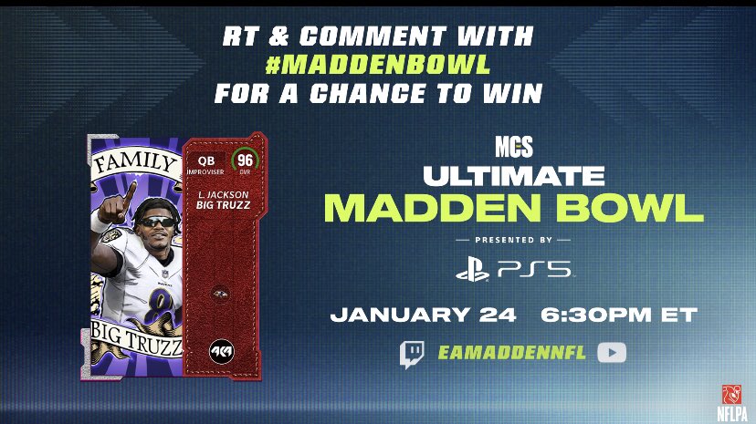 TheeDavidT's tweet photo. LETS RUN IT BACK. Giving away one of the best QB’s in the game.
RETWEET, LIKE, FOLLOW AND COMMENT #MaddenBowl TO ENTER THE CONTEST
Coverage starts at 6:30 PM EST tonight on https://t.co/IHDVO0XUAf https://t.co/QOEtALZTm8