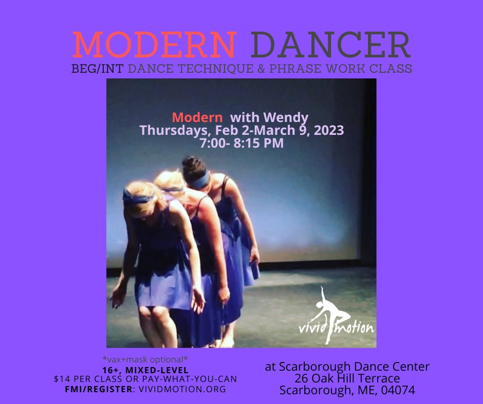 vivid_motion's tweet photo. Class starts next week! 🎉 FMI: https://t.co/ZDvqH45qpJ
Modern Dancer I | Thursdays Feb 2 - March 9 | 7:00pm-8:15pm | Scarborough Dance Center 

#moderndancer #modern #moderndance #class #josélimón #marthagraham #dorishumphrey #dance #dancePortland #Portland #Scarborough #XOVIVMO https://t.co/FR18v4V3EQ