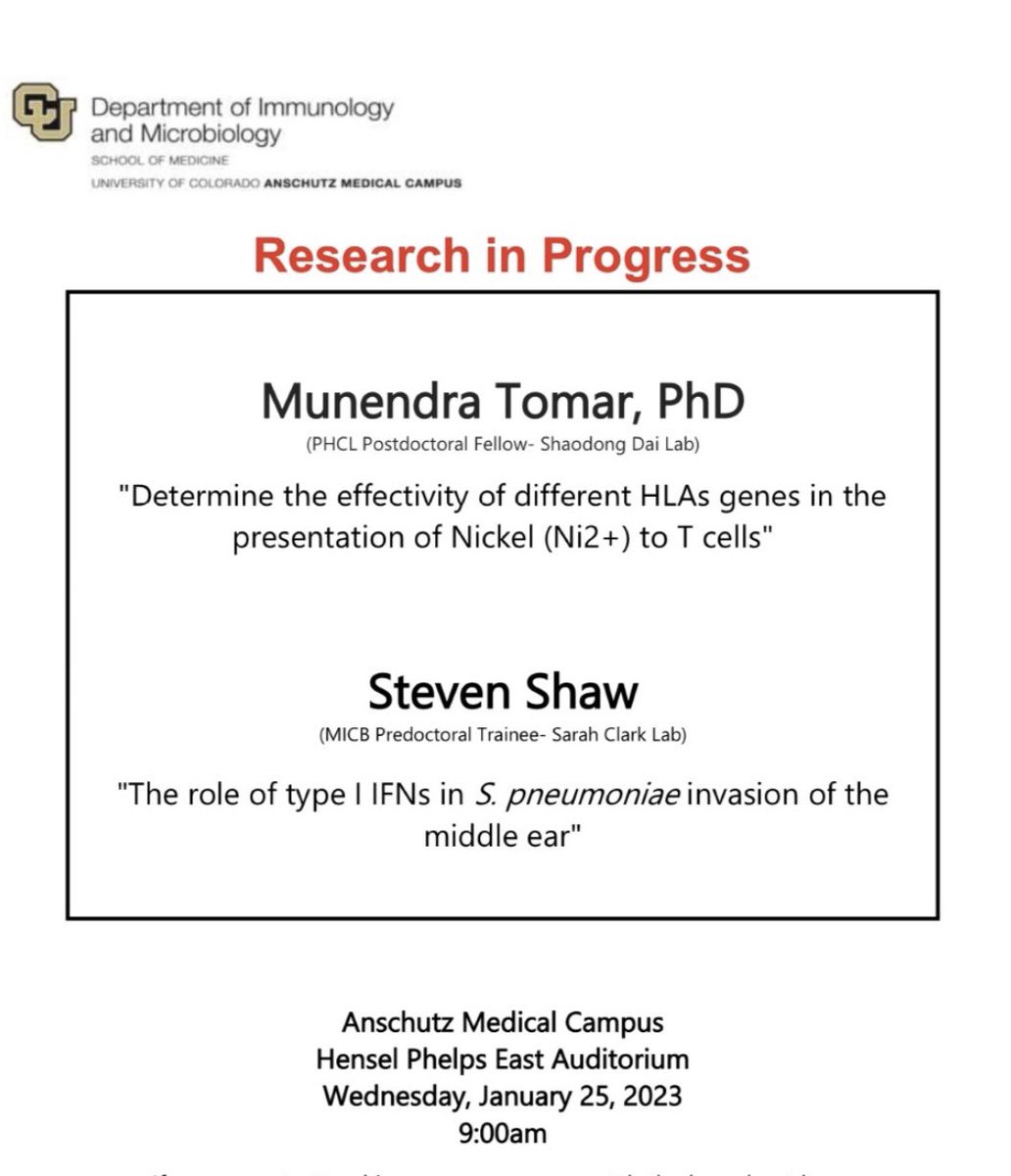 University of Colorado Immunology (@cuanschutz_immu) on Twitter photo Join us tomorrow for some interesting RIPs by Munendra Tomar from the <a href="/TheDaiLab/">Shaodong Dai</a> looking at MHC presentation of Nickel and Steven Shaw from the <a href="/ClarkLab5280/">Sarah E. Clark</a> examining the role of type I IFNs during bacterial invasion of the middle ear. Join us tomorrow for some interesting RIPs by Munendra Tomar from the <a href="/TheDaiLab/">Shaodong Dai</a> looking at MHC presentation of Nickel and Steven Shaw from the <a href="/ClarkLab5280/">Sarah E. Clark</a> examining the role of type I IFNs during bacterial invasion of the middle ear.