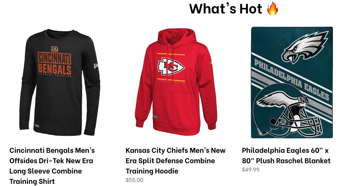 Sports_Retailer's tweet photo. Check out our 🔥 Hot Products 🔥 with some of the hottest teams this year 🏈

#NFL #Nflplayoffs #superbowl #2023superbowl #philadelphiaeagles #kansascitycheifs #cincinnatibengals #football #gameday #hotproducts #shophere #shop #sportsobsessed #sportsobsession https://t.co/0YhkZYku3D