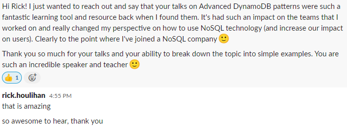 houlihan_rick's tweet image. This came out of the blue from one of our Senior Developers here at @MongoDB and it really made my day. Feedback like this is amazing validation. I am so honored that really smart people like this find value in my work.