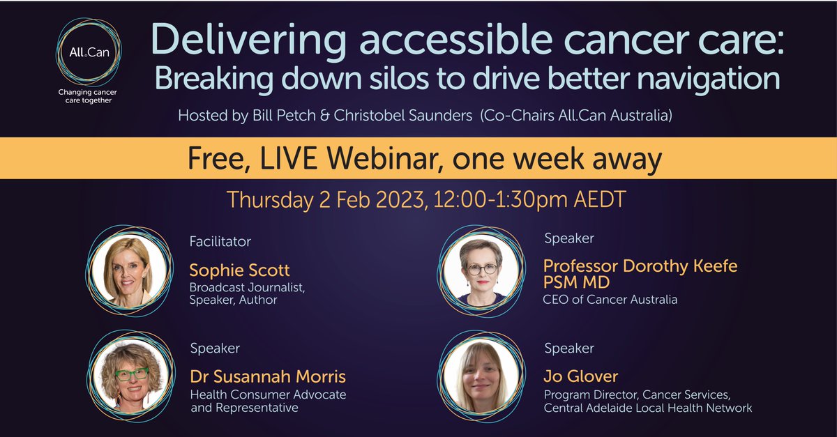Our webinar is almost one week away! Please join us next week, 2 Feb 12:00 - 1:30pm AEDT, as we tackle the issue of cancer care navigation. Facilitator @sophiescott2 will be answering your questions, so register for an informative discussion: events.golive.com.au/88ec5dcf-d065-….