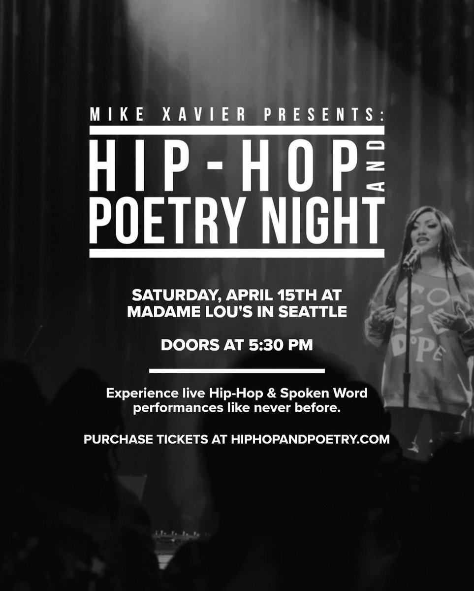 HipHopAndPoetry's tweet photo. We’re back and headed to Seattle on Saturday, April 15th Madame Lou’s !! The last show completely sold out two weeks early, so please don’t wait to get your tickets. Grab tickets at https://t.co/wFqWFiJabZ We’re very excited to have our first show of the year! https://t.co/pQxuZGPCZL
