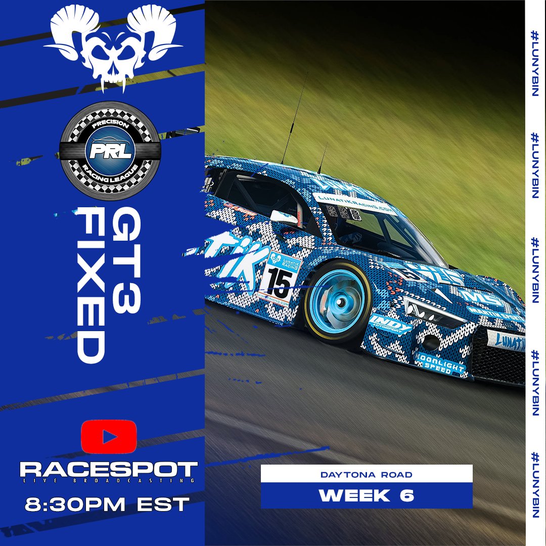 🚨🏎️ 🚨LunatiK Racing is at it again with <a href="/PrecisionRL/">Precision Racing League</a> GT3 Fixed series at Daytona Road. Catch all the action on <a href="/RaceSpotTV/">RaceSpot TV</a> with Qualifying at 8:30pm EST and Race Start at 8:40pm EST. #LunyBin