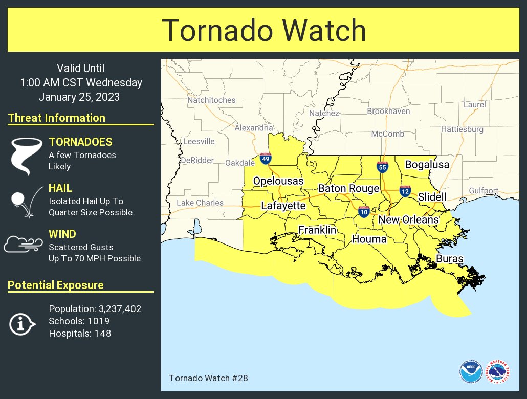 A tornado watch has been issued for parts of Louisiana until 1 AM CST