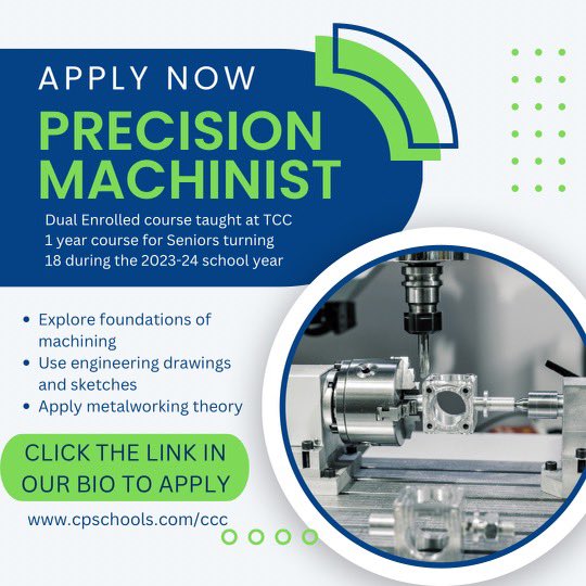 cpkcareercenter's tweet photo. Rising seniors interested in Precision Machining can apply to our program for the 2023-24 school year. Applications are due February 17th! Click here to apply https://t.co/caWeKpq4k7 
💚🌪💙 #3Cs #ProudtobeCCC #FutureCyclone https://t.co/XCjHqOXcYv