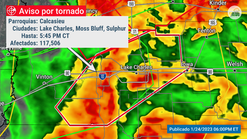 conexiontiempo's tweet photo. Aviso por #tornado en #Louisiana en #Calcasieu moviéndose al NE a 65mph con posibles impactos para las ciudades de Lake Charles, Sulphur, Westlake, Iowa, Moss Bluff, Carlyss, Lebleu Settlement y Gillis. https://t.co/vNWXZUjXxm