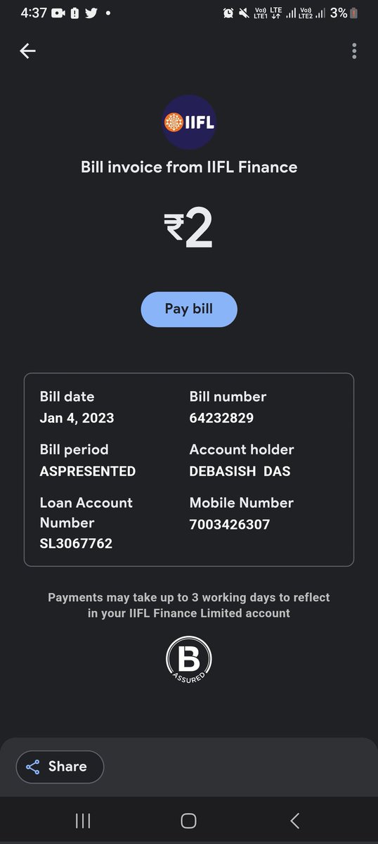 ddebasish81's tweet photo. @IIFL_Finance 
@consumerforum_ 
@IndianConsumerF 
I have 2 rupees to pay this. But help me to pay this amount.
 It's so good doing it... My credit score is ruined because of this. 

🙏🏻 I request for fair trial and compensation.🙏🏻 https://t.co/TSwW5r2scG