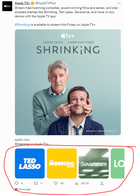 Interesting ad format from Twitter that I don't recall seeing before: hero product display + carousel to showcase additional products. Natural for streamers but also really any multi-SKU DTC retailer