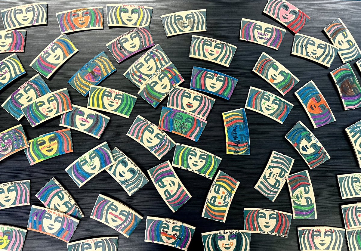 MonteVistaBobca's tweet photo. More #KindnessChallenge fun! We partnered with a local Starbucks and kids wrote kind messages on coffee sleeves. The sleeves will be distributed to north county customers💙💛 https://t.co/RnUdc8UgDW
