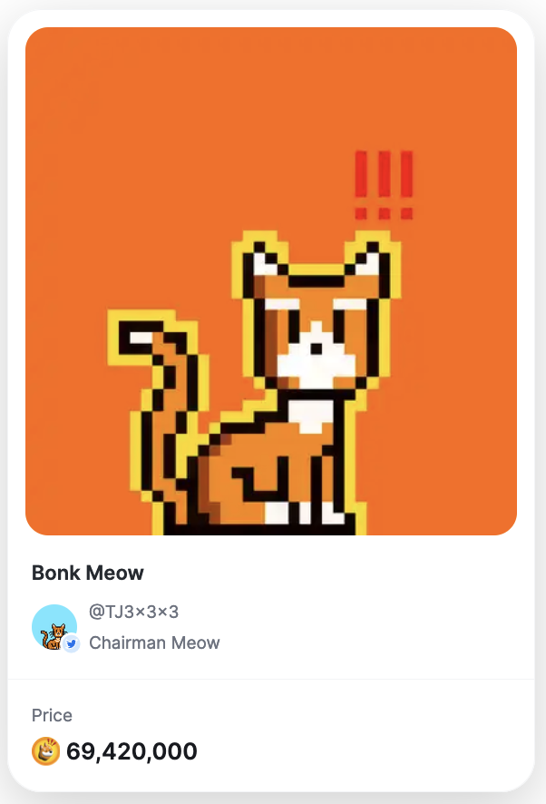 *Listed - first time we are listing in $BONK, this sweet Chairman Meow piece by <a href="/tj3x3x3/">TJ3³</a> on <a href="/exchgART/">Exchange Art</a>. 

Priced for the culture...  <a href="/bonk_inu/">BONK!!!</a>