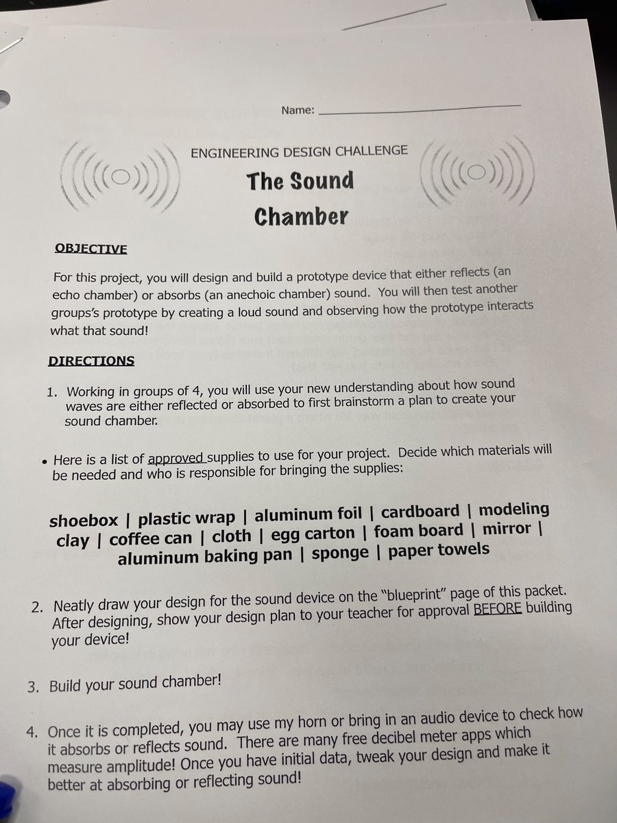 msparker_scifly's tweet photo. Engineering Design Challenge: The Sound Chamber ππ
Students used their knowledge of sound waves to design a sound chamber! Day 1 of drawing blueprints is complete! #STEM #TheBESTNest πβπ½β¨
@akjohnsonEdS @tmwalthour1 @tsamuel_EdS https://t.co/WdoBFwOZH7