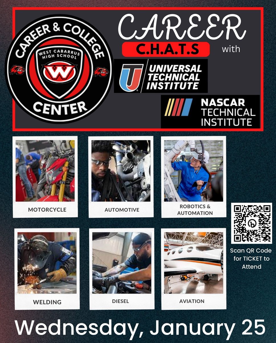 WCHS_CTE's tweet image. We're looking forward to welcoming @nascartech @UTITweet back to @CabarrusWest for Career CHATS tomorrow morning! @rlparker913
#CareerDevelopment #LetsGoFlying