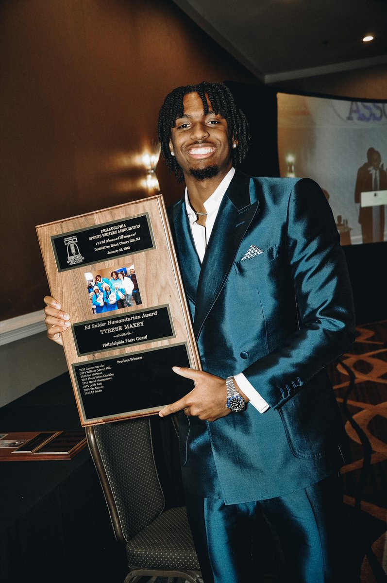 sixers's tweet photo. Last night our guys, @TyreseMaxey and @McGinnisThomas were recognized by the Philadelphia Sports Writers Association. Tyrese received the Ed Snider Humanitarian of the Year award and Tom took home the Bill Campbell award. 💙❤️ https://t.co/dB9ZOABQnl