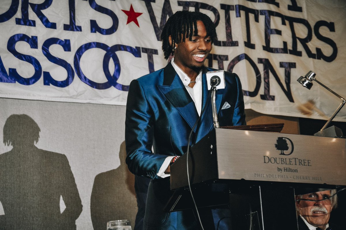 Last night our guys, <a href="/TyreseMaxey/">Tyrese Maxey</a> and <a href="/McGinnisThomas/">Tom McGinnis</a> were recognized by the Philadelphia Sports Writers Association. Tyrese received the Ed Snider Humanitarian of the Year award and Tom took home the Bill Campbell award. 💙❤️
