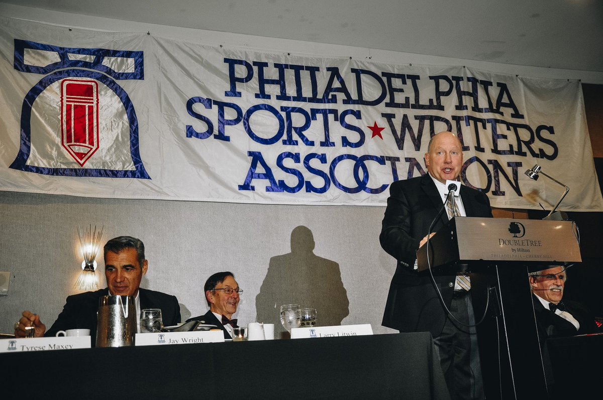 sixers's tweet photo. Last night our guys, @TyreseMaxey and @McGinnisThomas were recognized by the Philadelphia Sports Writers Association. Tyrese received the Ed Snider Humanitarian of the Year award and Tom took home the Bill Campbell award. 💙❤️ https://t.co/dB9ZOABQnl