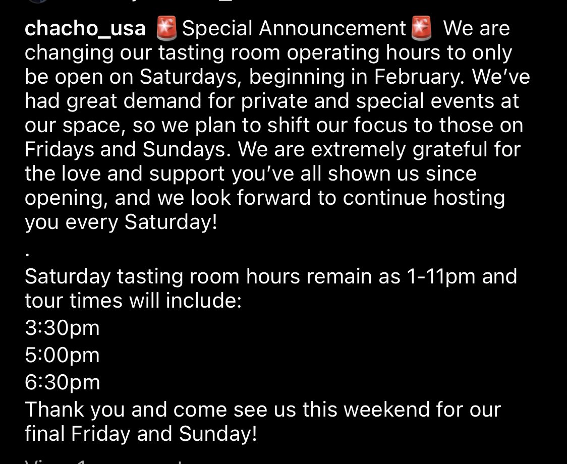 .<a href="/Chacho_USA/">Chacho</a> changing up their hours, opening to public Saturdays only, focusing on private events Fri and Sunday